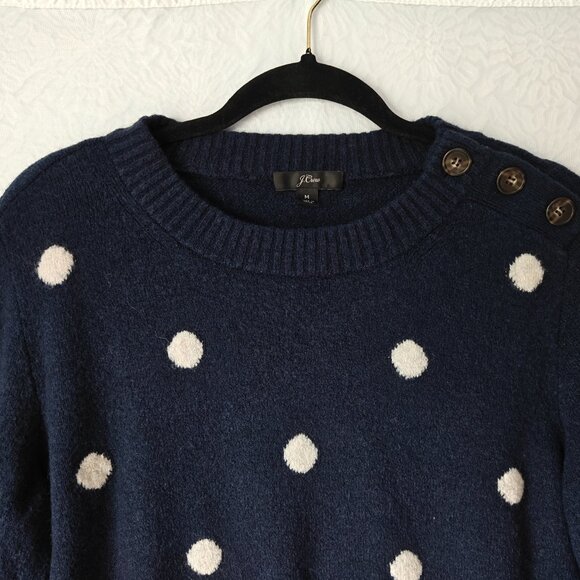 J. CREW Button Merino Blend Polka Dot Crewneck Sweater Navy Women's Size Medium - Picture 3 of 10